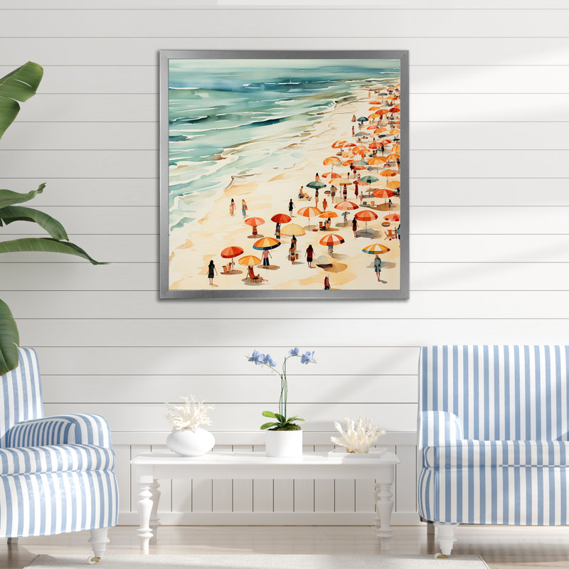 Beach Day Umbrella Parade IV - Beach People, art mural, Cadre flottant brun, 16" H x 16" W