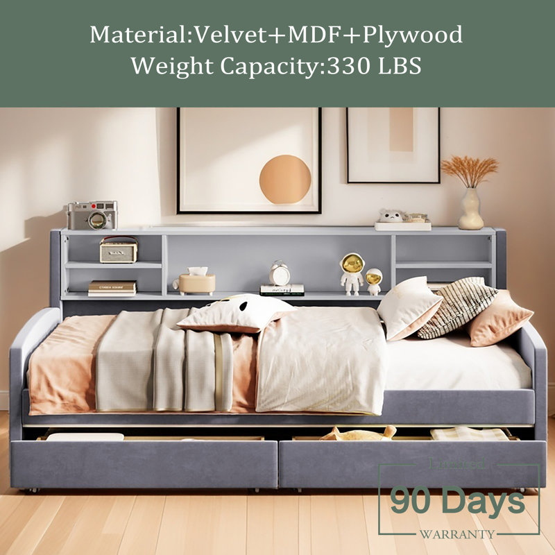 Lit plateforme simple tapissier avec rangement et tiroirs, Gris