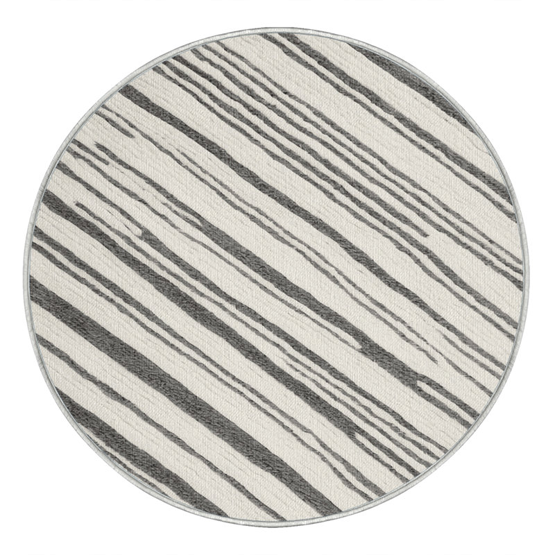 Washable Cloud White Gray Striped Area Rug, Round 5'