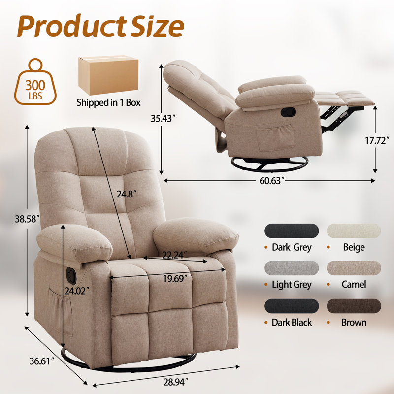 KORSER Recliner Chair, Small Recliner For Small Space, 360 ° Swivel Rocker Recliner For Living Room, Manual Recliner With Side Pockets