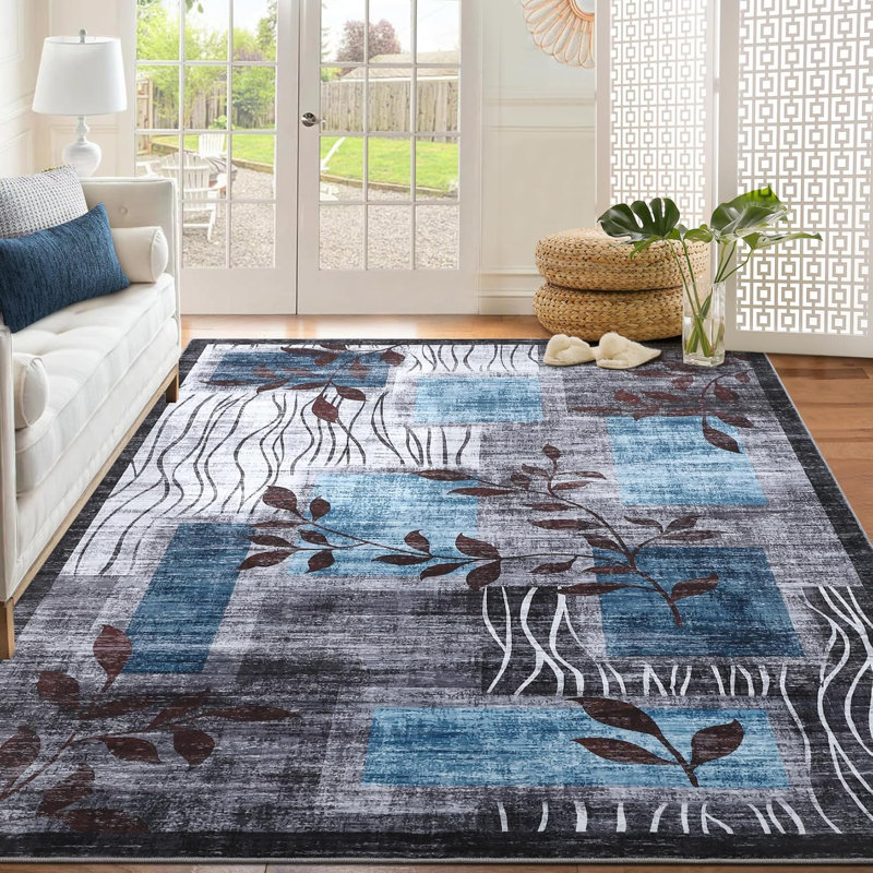Tapis de couloir lavable 2 x 6 tapis à motif floral moderne Tapis de couloir gris, Rectangle 5 pi x 7 pi