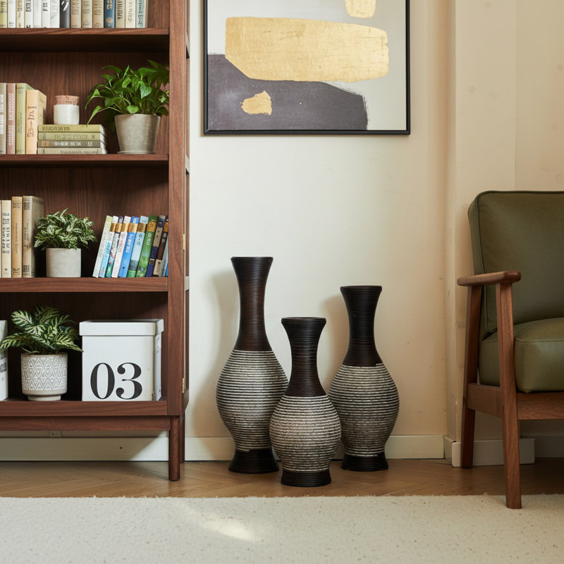 Ensemble de 3 vases de plancher décoratifs - Jardinière en PVC brun, décoration classique soignée pour vignes artificielles et salon
