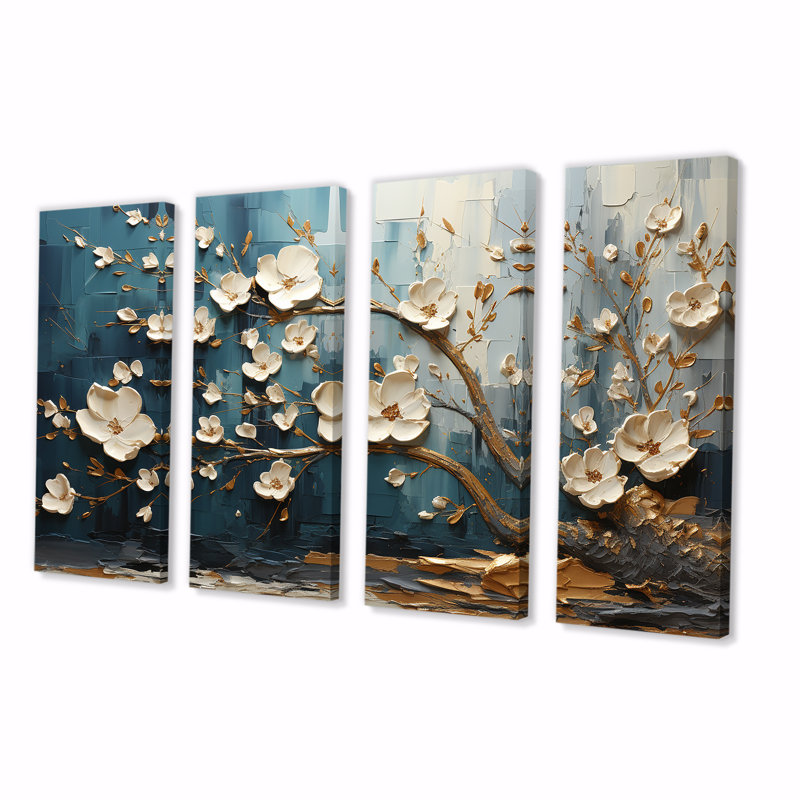 Orchidée bleue et blanche Garden Of Branches III - ensemble d'art mural 4 pièces, H 32 po x l 64 po