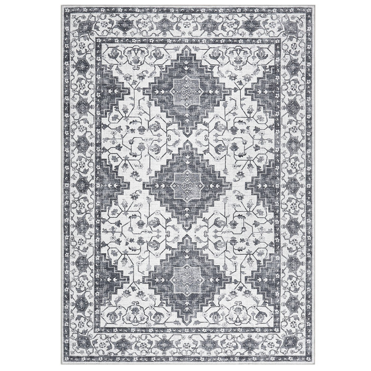 Machine Washable Rug with Rubber Backing for Living Room Oriental Non-Slip Area Rug Easy-Cleaning Vintage Floor Carpet for Bedroom Dining Room