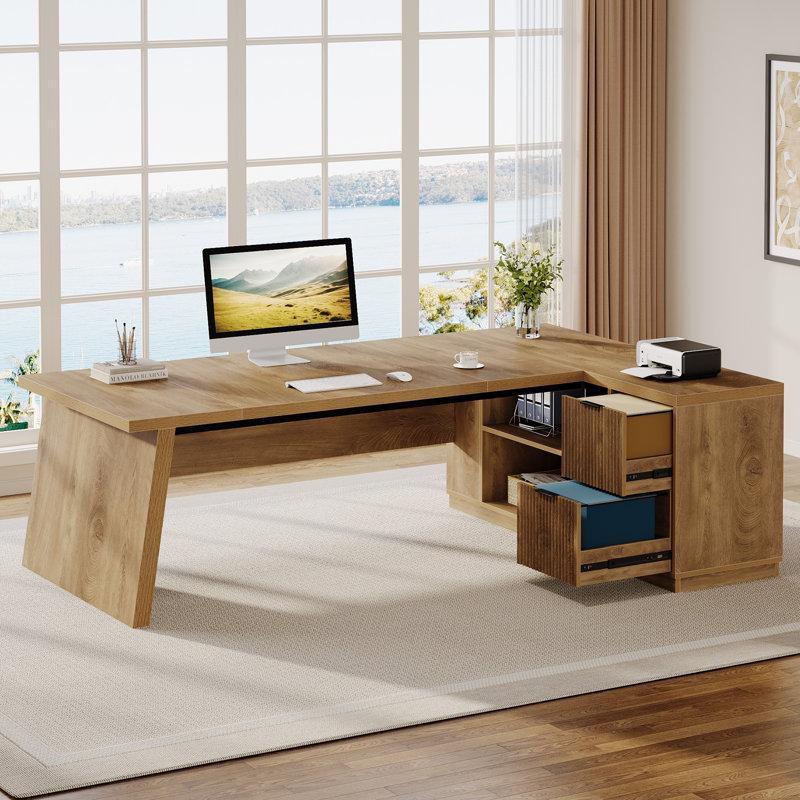 77.9 Inch L-Shaped Executive Office Desk With File Drawers And Cabinet For Home Office, Light Brown