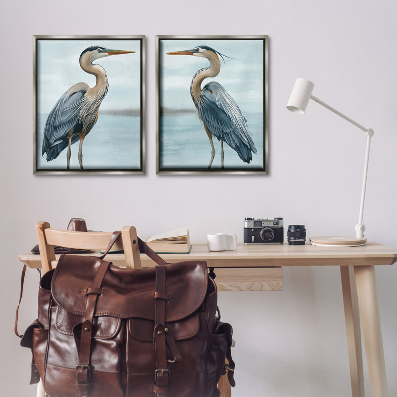 «Détaillé Heron Bird Duo», ensemble de 2 toiles flottantes encadrées par Grace Popp, Cadre flottant gris lustré