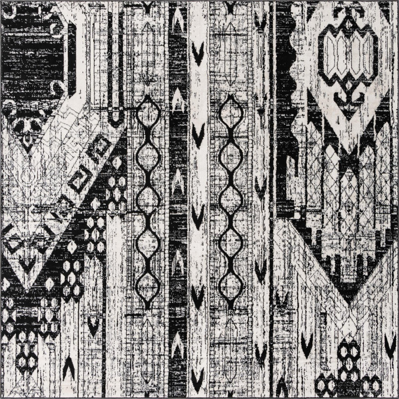 Tapis blanc / noir à motif géométrique Hewan, Carré 7 pi 10 po
