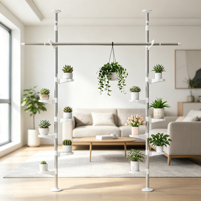 Support pour plante d'intérieur réglable avec poteau à double tension, support à fleurs en acier inoxydable, tablettes de rangement en coin avec 12 plateaux, 2 crochets et tringle à vêtements télescopique