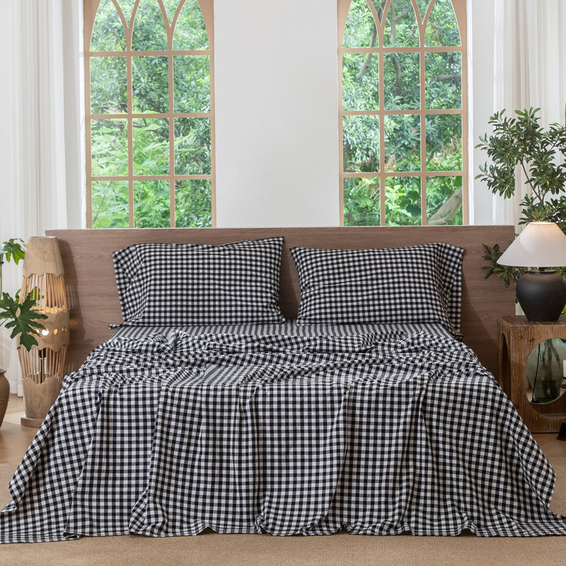 Ensemble de draps 100% coton lavé MooMee, Ensemble de draps pour très grand lit avec 2 taie, Noir / blanc