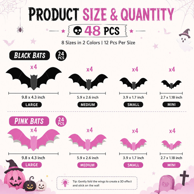 48 autocollants muraux de chauve-souris d'Halloween 3D rose et noir 48 pièces