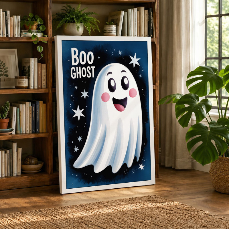 Cheerful Halloween Ghost Novelty - Wrapped Canvas, 18x12 - 45.7 x 30.5 cm, Cream Border