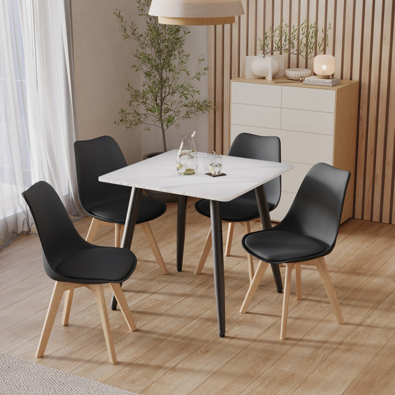 4 -Person Dining Set, White Marble, Black