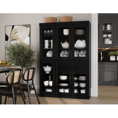 100% Solid Wood 48.5" Pantry China Cabinet with Clear Glass Doors, 2-Drawers and Adjustable Shelves