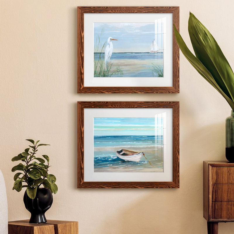 Summer Heron - Ensemble de 2 peintures sur papier encadrées, H 24 po x l 36 po x P 1,5 po, Papier avec cadre érable