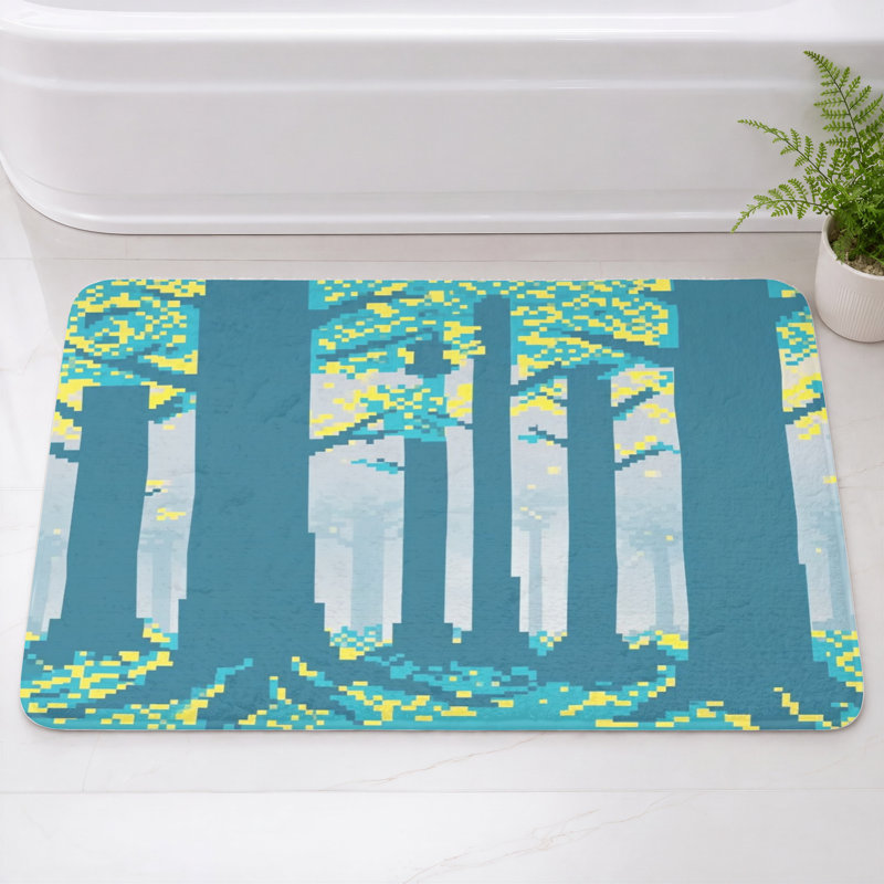 Tapis de bain Pixelated Forest, L 34 po x L 21 po, Bleu moyen / jaune clair