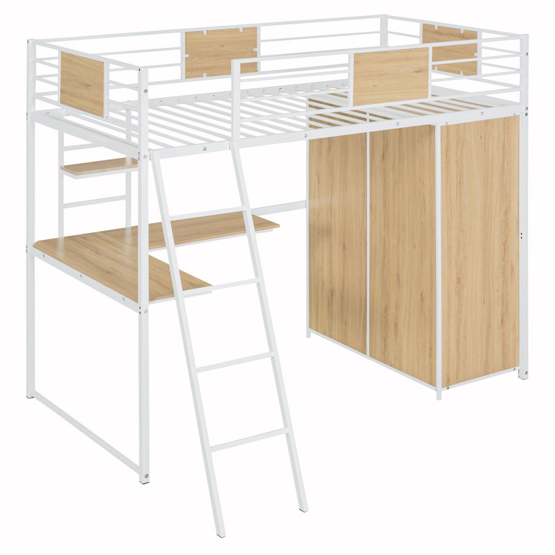 Lit mezzanine simple avec bureau en L et garde-robe, Blanc
