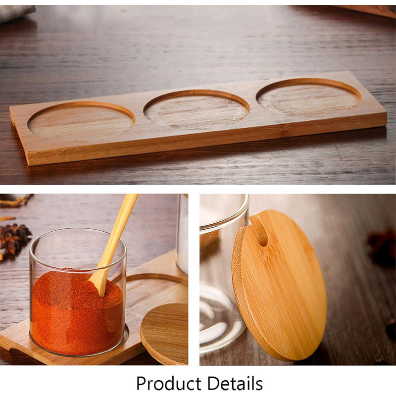 3 PCS Stylish Simple Condiment Canisters Pots Set, Decorative Storage Seasoning Glass Container Box With Bamboo Spoon Lid And Base For Home Kitchen Café Storing Salt Sugar Pepper Spice