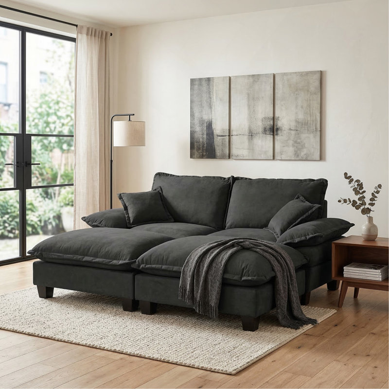 Modern Modular Sofa with Removable Ottomans, Black Chenille Couch for Living Room