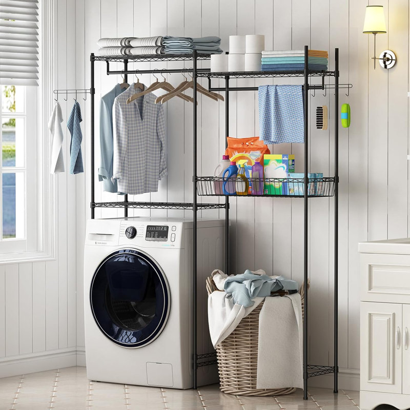 Laundry Room Clothes Drying Rack, Over The Washer and Dryer Storage Shelf, Clothes Drying Rack with Laundry Hamper and Hooks
