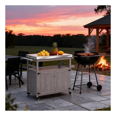 Chariot de barbecue extérieur avec plateau en acier inoxydable et détails en bois, table d'appoint grise pour barbecue