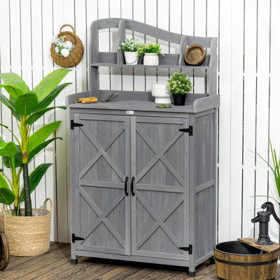 Table de rempotage d'extérieur et armoire de rangement de jardin, banc de jardinage multifonctionnel, poste de travail en bois avec portes magnétiques, pour outils de jardin ou accessoires de piscine