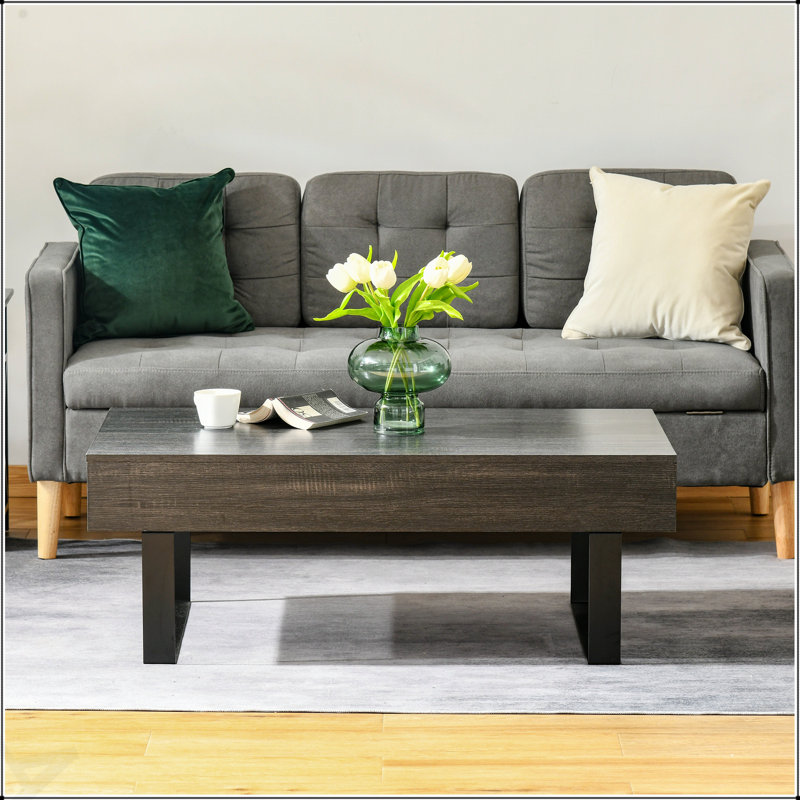Table basse de style Mid-Century moderne avec rangement spacieux, pieds en métal et surface en grain de bois pour le salon