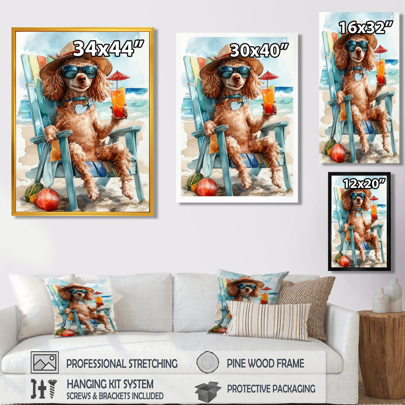 Caniche brun sur la plage relaxant, Toile tendue, 32" H x 24" W
