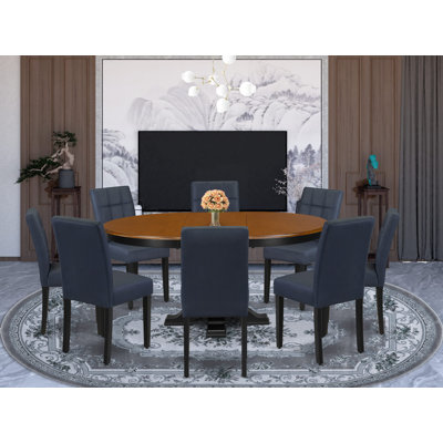 9-Piece Modern Dining Table Set includes a Wooden Table with cherry round tabletop and 8 Black Polyester Chairs with High Back, Black