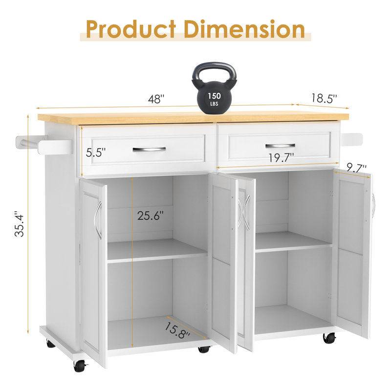 Llaneli Kitchen Island, Rolling Kitchen Cart with Storage Drawers, White