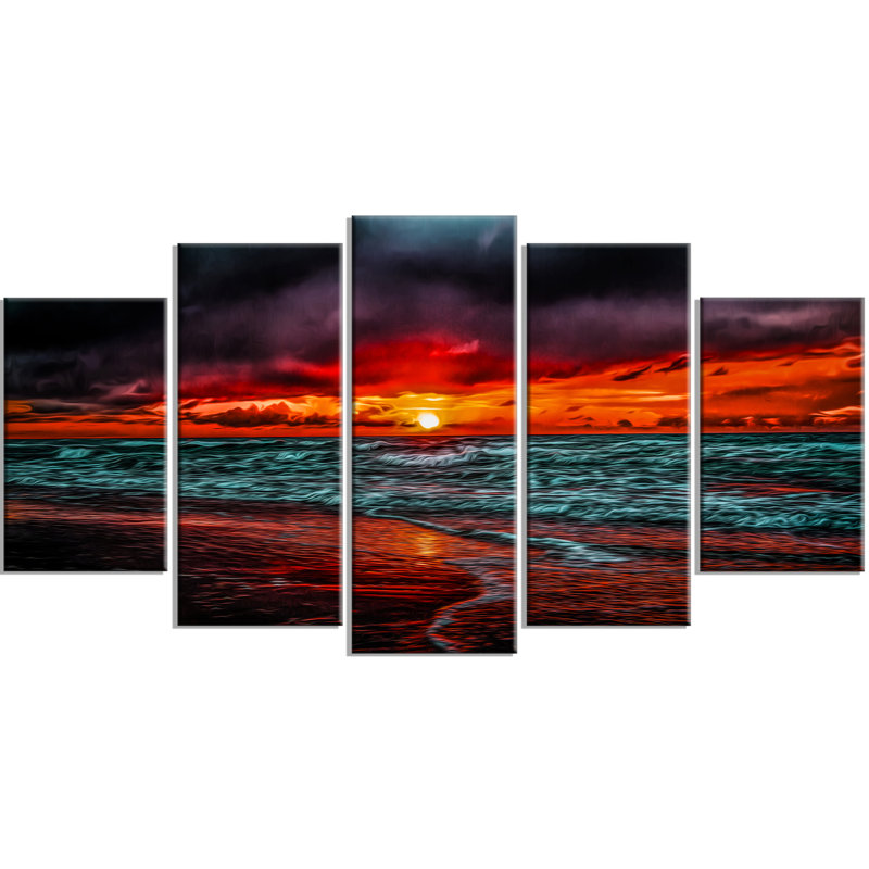 «Red Sunset over Blue Waters», ensemble de 5 impressions sur toiles tendues