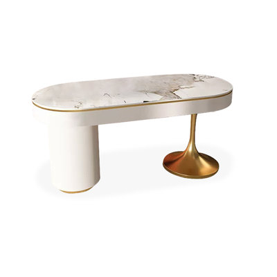Creamy-white+Gold Oval Sintered Stone+Manufactured Wood+Carbon Steel with 6 drawers desk