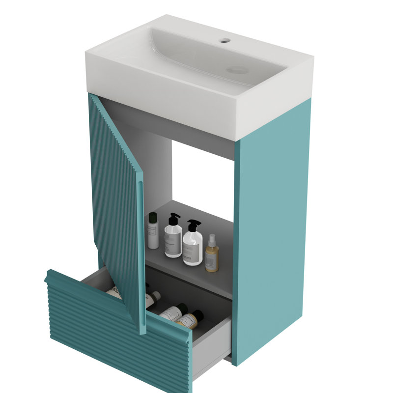 Armoire de salle de bain aigue-marine 20 po à rayures - Lavabo autoportant en céramique avec poignées de sécurité pour personnes âgées et moderne avec panneaux E1, fonction de rangement supérieure