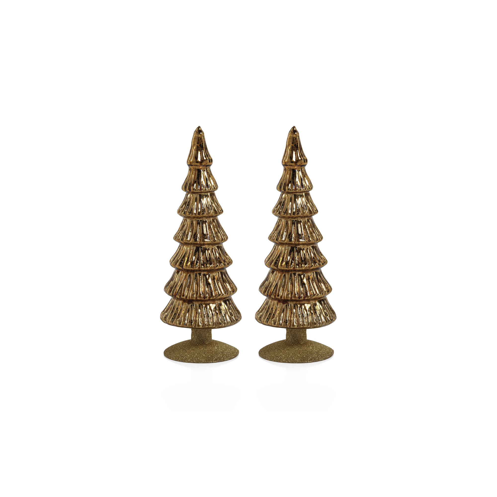 Merrigan Light Green Glass Tree on Gold Glitter Base, Set of 2, 10.75" H x 3.5" W x 3.5" D, Gold