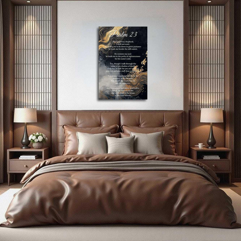 Psaume 23, art mural, versets de la Bible chrétienne, citations inspirantes, impressions sur toile, écriture abstraite, texture de marbre doré noir, œuvre d'art, salle de prière (gris