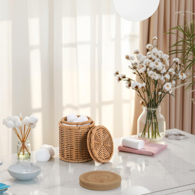 Pot de salle de bain, support de coton-tige avec couvercle, rangement pour grande capacité (brun)