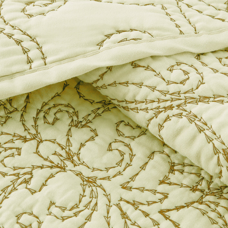 4 Piece Damask Oversized Embroidery Bedspread Set, Queen Quilt + 2 Queen Shams + Throw Pillow, Light Green