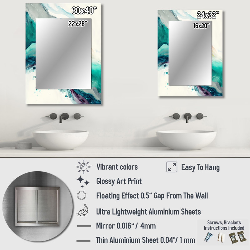 Celebrations In Turquoise Shades Of Blue II - Liquid Ink Unique Wall Mirror, Modern Mirror, Printed Metal Art, 32" x 24"