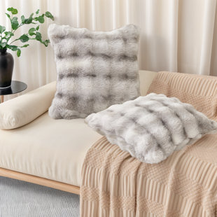 Set Of 2 Luxury Faux Rabbit Fur Pillow Covers - Soft Plush Decorative Cushions 17.7X17.7 Inch For Sofa & Bedroom