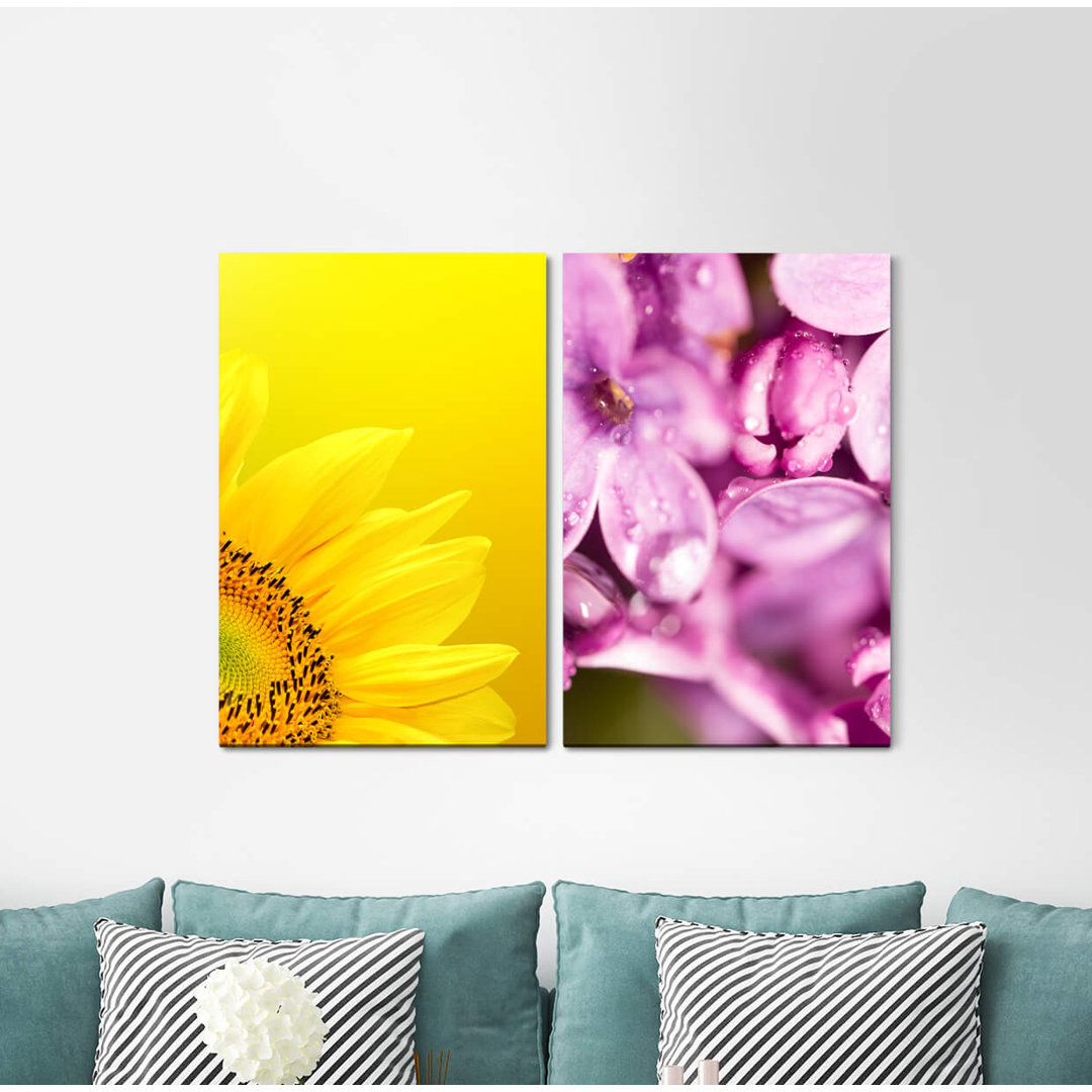 2-tlg. Leinwandbilder-Set - Fotografie „Sunflower Yellow Pink Flowers Summer Blossom”