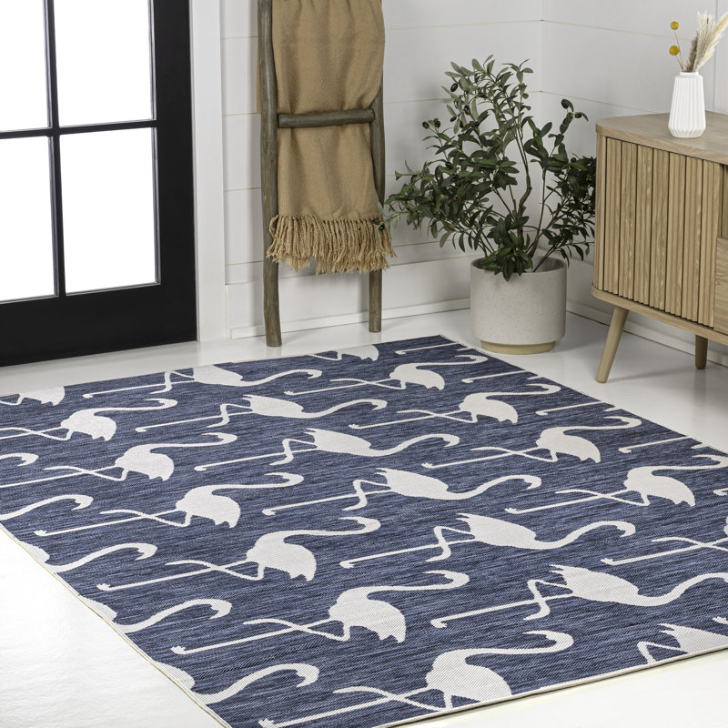 Cindia Casual Coastal Flamingos Two-Tone Navy/White Indoor/Outdoor Rug, Rectangle 2'11" x 4'11"