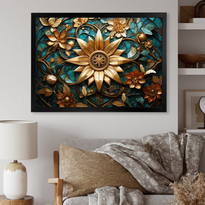 Fleurs 3D rétro or et bleu sarcelle - Botanicals abstraits, art mural