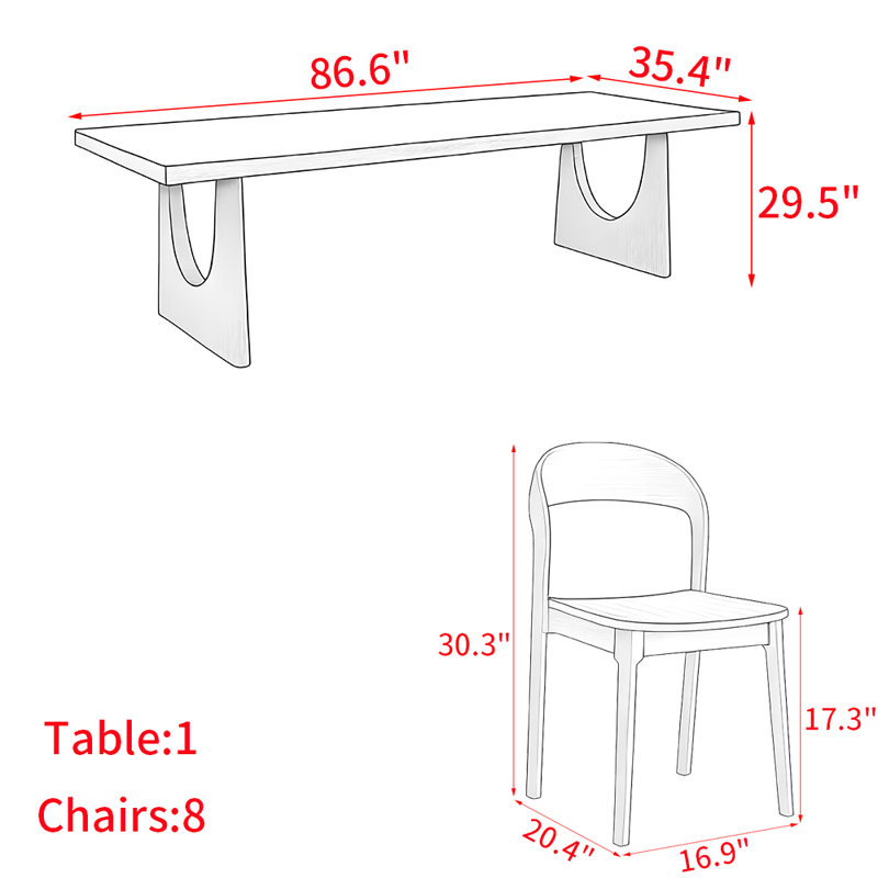 Simple modern solid wood dining table set, 29.5"H x 86.6"L x 35.4"W