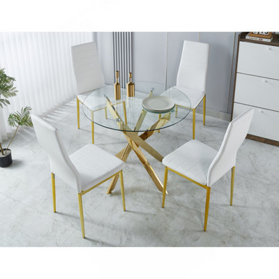 Ensemble de salle à manger 1 + 4,5 pièces, table de salle à manger à pieds en métal Mid-Century pour 4-6 personnes avec plateau en verre, table de salle à manger à piédestal, table basse de loisirs