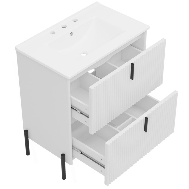 Meuble-lavabo de 30 po avec lavabo en céramique, avec poignées verticales et tiroirs pleine extension, meuble-lavabo autoportant avec glissières de tiroir à fermeture en douceur, conception cannelée, blanc