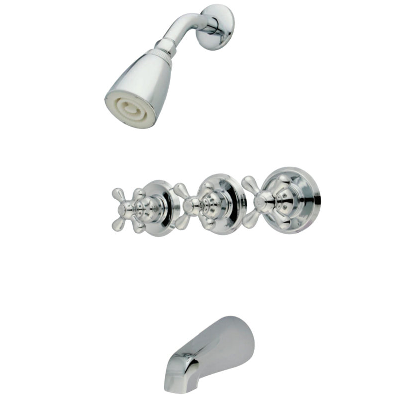 Robinet de baignoire et douche à trois poignées en laiton victorien Kingston, Chrome poli, Poignées croix