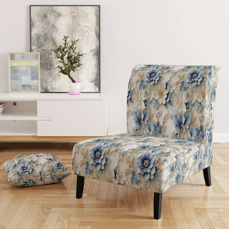Fauteuil de chambre rembourré blanc et bleu - Fauteuil de chambre rembourré de style damassé blanc et bleu
