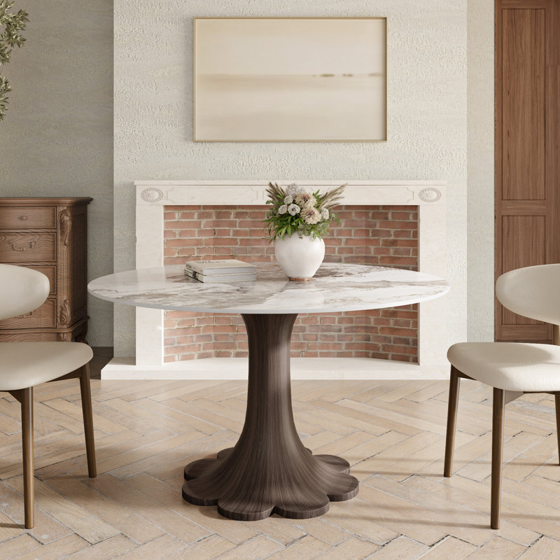 Breakfast Corner Nook Floral Shape Stone Dark Walnut Tone Dining Table Bistro Table For 2-4, 29.52"H x 39.37"L x 39.37" W