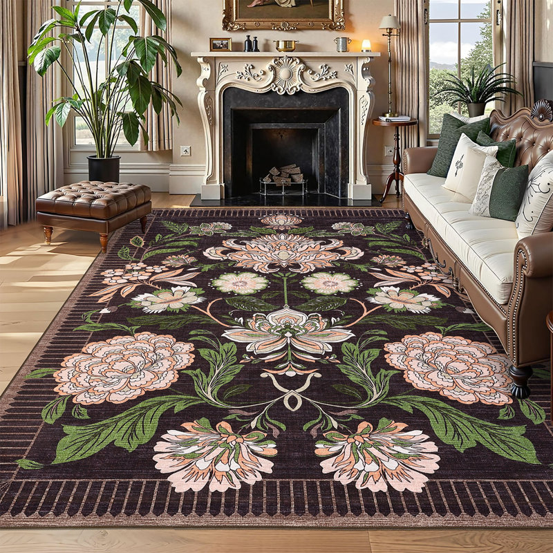 Tapis lavable rétro Vintage Boho Rugs, Rectangle 5 pi x 7 pi, Noir