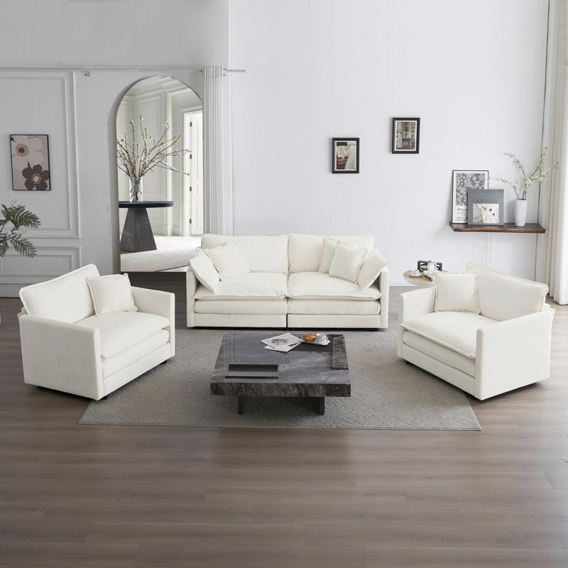 Chenille Sectional Sofa, Comfy Modular Coush Sofa, White