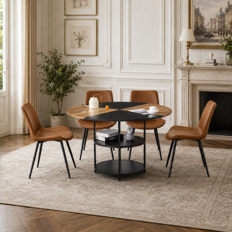 5 Piece Industrial Modern Round Dining Set with 2-Tier Storage, 47.3" Wood with Black Splicing Table , Brown